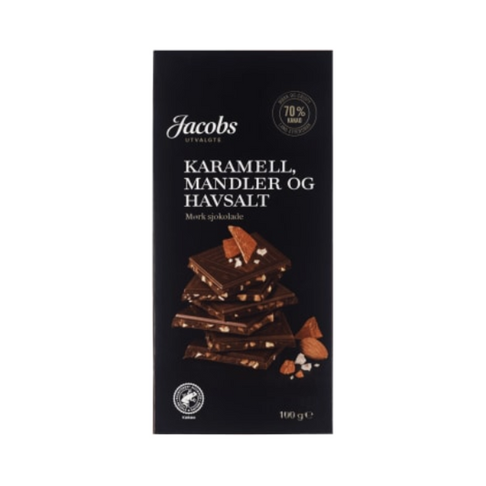 Jacobs Dark Chocolate 70% Caramel, Almond & Sea Salt 100g – Sjokolade Mørk 70% med Karamell, Mandel & Havsalt