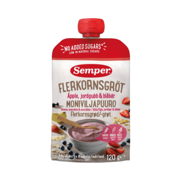 Semper Multigrain Porridge with Apple, Strawberry & Blueberry 120g – Flerkornsgrøt